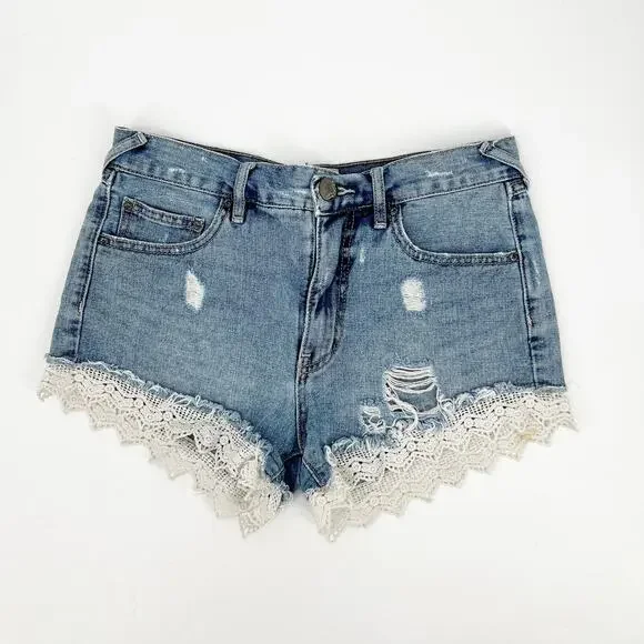 Free People Lace Crochet Trim Cut-Off Distressed Boho Denim Shorts Size 25 - Picture 9 of 10